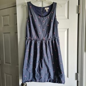 Ann Taylor Loft Dress Women 8 Sleeveless Chambray Blue Pink Embroider Polka Dot